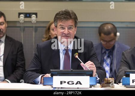 (180614) -- VEREINTEN NATIONEN, 14. Juni 2018 -- Präsident der UN-Generalversammlung, Miroslav Lajcak, spricht am 13. Juni 2018 im UN-Hauptquartier in New York ein hochrangiges Symposium über die chinesische Gürtel- und Straßeninitiative und die UN-Agenda 2030 für nachhaltige Entwicklung an. Die chinesische Gürtel- und Straßeninitiative ist ein Bekenntnis zu den UN-Zielen für nachhaltige Entwicklung und Multilateralismus, sagte Miroslav Lajcak am Mittwoch. ) (hy) UN-BELT- UND STRASSENINITIATIV-SYMPOSIUM LixMuzi PUBLICATIONxNOTxINxCHN Stockfoto