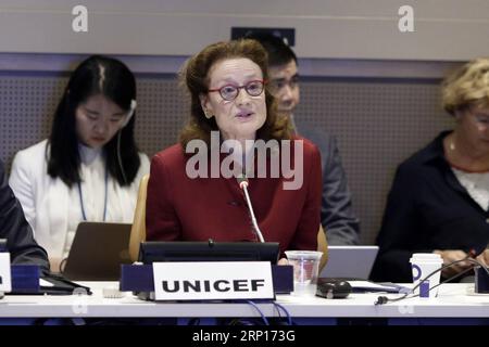 (180614) -- VEREINTE NATIONEN, 14. Juni 2018 -- UNICEF-Exekutivdirektorin Henrietta Fore spricht am 13. Juni 2018 im UN-Hauptquartier in New York ein hochrangiges Symposium über die chinesische Gürtel- und Straßeninitiative und die UN-Agenda 2030 für nachhaltige Entwicklung an. Die Vision der Initiative „Gürtel und Straße“ sei auch eine Vision für Kinder, da Chinas dramatische Fortschritte in den letzten zwei Jahrzehnten auch Kindern zugute gekommen seien, sagte Henrietta Fore am Mittwoch. (hy) UN-BELT- UND STRASSENINITIATIV-SYMPOSIUM LixMuzi PUBLICATIONxNOTxINxCHN Stockfoto