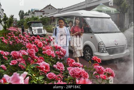 (180617) -- LUONAN, 17. Juni 2018 -- Touristen besuchen eine Rosenstadt im Luonan County, nordwestchinesische Provinz Shaanxi, 16. Juni 2018. Die Rosenstadt in Luonan hat seit ihrer Eröffnung im Mai 2017 mehr als 200.000 Touristen empfangen. )(mcg) CHINA-SHAANXI-LUONAN-ROSE TOWN (CN) TaoxMing PUBLICATIONxNOTxINxCHN Stockfoto