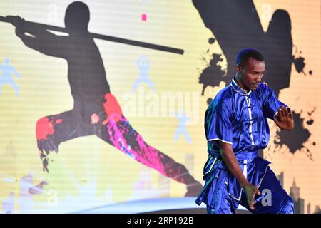 (180618) -- PEKING, 18. Juni 2018 () -- Ein lokaler Kungfu-Praktizierender demonstriert chinesischen Kungfu während des Kungfu-Festivals in Nairobi, Kenia, 5. November 2016. (/Sun Ruibo) (nxl) Schlagzeilen: Die Interaktion zwischen den Menschen zwischen China und Afrika wird durch mehr Zusammenarbeit erweitert Xinhua PUBLICATIONxNOTxINxCHN Stockfoto