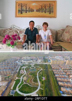 (180629) -- ZHENGZHOU, 29. Juni 2018 -- kombinierte Fotos zeigen die Dorfbewohnerin Chen Milan und ihren Mann, die sich für ein Foto in ihrem neuen Zuhause in einem neuen Bezirk von Lizhuang Town, 27. Juni 2018 (oben) posieren, und eine Luftaufnahme des neuen Bezirks von Lizhuang Town im Fengqiu County, zentralchinesische Provinz Henan, 2. November 2017. Etwa 900.000 Menschen, die in hochwassergefährdeten Gebieten in der Nähe des Gelben Flusses leben, ein Drittel im zentralchinesischen Henan und der Rest im ostchinesischen Shandong, werden ihre Existenzgrundlage durch Umsiedlungen oder Wohnungsrenovierungen verbessern, die von den lokalen Regierungen unterstützt werden. Feng Dapeng & Wang Nan) (zt)(MP) CHINA- Stockfoto