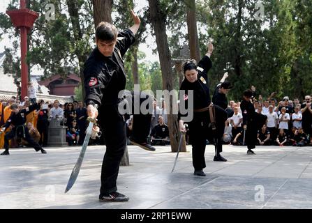 (180701) -- ZHENGZHOU, 1. Juli 2018 -- amerikanische Kungfu-Enthusiasten führen Kampfkünste im Shaolin-Tempel auf dem Mount Songshan in der zentralchinesischen Provinz Henan am 1. Juli 2018 auf. Über 200 Kungfu-Enthusiasten aus Amerika machten einen Ausflug zum Shaolin-Tempel und führten Kampfkünste mit lokalen Mönchen durch. ) (LB) CHINA-HENAN-AMERICAN KUNGFU ENTHUSIASTEN-LEISTUNG (CN) LixAn PUBLICATIONxNOTxINxCHN Stockfoto