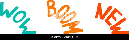 Doodle Radial Wow, Boom, neue Textaufkleber. Handgezeichnetes Dekorationselement für runde Ecken. Groovige Funky-Symbole in trendigem Retro-Cartoon aus den 90er Jahren Stock Vektor