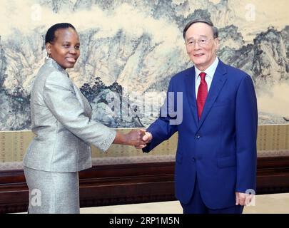 (180713) -- PEKING, 13. Juli 2018 -- der chinesische Vizepräsident Wang Qishan (R) trifft am 13. Juli 2018 in Peking, der Hauptstadt Chinas, mit dem botswanischen Minister für internationale Angelegenheiten und Zusammenarbeit, Unity Dow. ) (lmm) CHINA-BEIJING-WANG QISHAN-BOTSWANA-FM-MEETING (CN) YaoxDawei PUBLICATIONxNOTxINxCHN Stockfoto