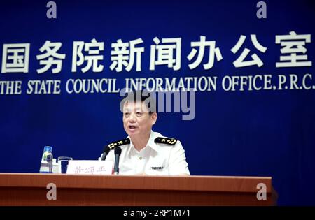 (180713) -- PEKING, 13. Juli 2018 -- der Sprecher der General Administration of Customs (GAC) Huang Songping spricht auf einer Pressekonferenz in Peking, der Hauptstadt Chinas, am 13. Juli 2018. Chinas Warenhandel stieg im Januar-Juni-Zeitraum um 7,9 Prozent auf 14,12 Billionen Yuan (etwa 2,12 Billionen US-Dollar), wie die Zolldaten am Freitag zeigten. Die Exporte stiegen um 4,9 Prozent, während die Importe um 11,5 Prozent zunahmen, was zu einem Handelsüberschuss von 901,32 Milliarden Yuan führte, der laut GAC um 26,7 Prozent schrumpfte. )(wsw) CHINA-CUSTOMS-GOODS TRADE-STATISTICS (CN) PanxXu PUBLICATIONxNOTxINxCHN Stockfoto