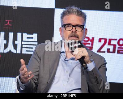 (180716) -- SEOUL, 16. Juli 2018 -- Christopher McQuarrie nimmt am 16. Juli 2018 an einer Pressekonferenz zur Förderung des Films Mission: Impossible - Fallout in Seoul, Südkorea, Teil. ) (dtf) SÜDKOREA-SEOUL-MISSION: UNMÖGLICH - FALLOUT - PRESSEKONFERENZ LeexSang-ho PUBLICATIONxNOTxINxCHN Stockfoto