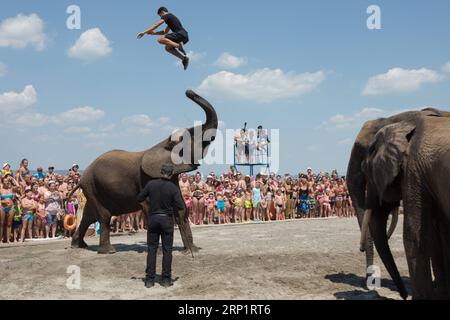 (180722) -- PEKING, 22. Juli 2018 -- ein Künstler und ein Elefant des Ungarischen Nationalzirkus treten während einer Aktivität auf, die die Zirkusnacht in Balatonlelle, Ungarn, am 14. Juli 2018 fördert. ) XINHUA PHOTO WEEKLY CHOICES (CN) AttilaxVolgyi PUBLICATIONxNOTxINxCHN Stockfoto