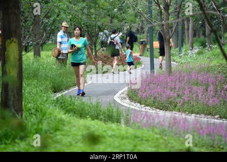 (180722) -- PEKING, 22. Juli 2018 -- Menschen besuchen einen städtischen Waldpark im Dongcheng-Bezirk von Peking, Hauptstadt von China, 22. Juli 2018. Der Park war am Sonntag öffentlich zugänglich. ) (Ry) CHINA-BEIJING-FOREST PARK (CN) LuoxXiaoguang PUBLICATIONxNOTxINxCHN Stockfoto