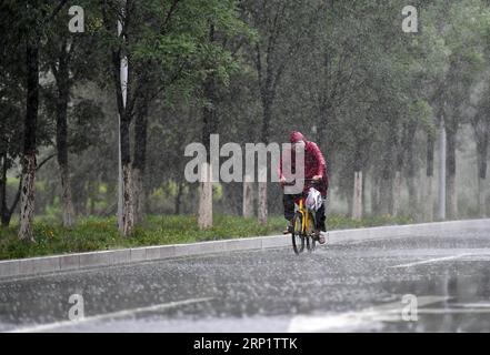 (180724) -- TIANJIN, 24. Juli 2018 (Xinhua) -- Ein Mann reitet Ein Fahrrad bei Regen im Bezirk Xiqing der nordchinesischen Gemeinde Tianjin, 24. Juli 2018. Schwere Regenfälle, die von Taifun Ampil zwischen Montag und Dienstagmorgen auf Peking und die angrenzenden Gebiete gebracht wurden, sagte das National Meteorological Center (NMC). (Xinhua/Li ran) (hxy) CHINA-TYPHOON AMPIL-RAINFALL (CN) PUBLICATIONxNOTxINxCHN Stockfoto