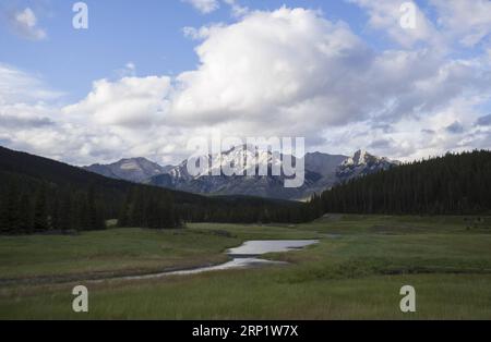 (180725) -- BANFF (KANADA), 25. Juli 2018 -- Foto aufgenommen am 21. Juli 2018 zeigt die allgemeine Ansicht des Cascade Mountain im Banff National Park, Kanada Rockies, Kanada. Die kanadischen Rockies in British Columbia und Alberta sind die kanadischen Teile der Rocky Mountains, darunter der Banff National Park, der Jasper National Park, der Yoho National Park und der Kootenay National Park, der jedes Jahr Hunderttausende von Besuchern auf der ganzen Welt anzieht. ) (hy) KANADA-FELSIGE BERGE-SOMMER-LANDSCHAFT ZouxZheng PUBLICATIONxNOTxINxCHN Stockfoto