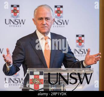 (180807) -- SYDNEY, 7. August. 2018 -- der australische Premierminister Malcolm Turnbull spricht am 7. August 2018 an der University of New South Wales (UNSW) in Sydney, Australien. Der australische Premierminister Malcolm Turnbull hob am Dienstag die Stärke der Beziehungen zwischen Australien und China hervor und sprach die Bedeutung der Zusammenarbeit in Bildung und Innovation an. )(dh) AUSTRALIEN-SYDNEY-PM-CHINA-BEZIEHUNGEN ZhuxHongye PUBLICATIONxNOTxINxCHN Stockfoto