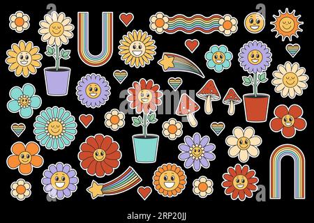 Groovende Retro-Elemente und Charaktere, Set mit Aufklebern, süße lächelnde Vintage-Blumen, Pilze, Sonne, Regenbogen. Vektorillustration auf schwarz Stock Vektor
