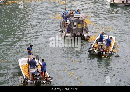 (180809) -- CHICAGO, 9. August 2018 -- Freiwillige sammeln Gummienten aus dem Chicago River nach dem 13. Jährlichen Chicago Ducky Derby in Chicago, USA, 9. August 2018. Die Organisatoren von Derby ließen am Donnerstag etwa 60.000 Gummienten in den Chicago River fallen, um das Rubber Ducky Derby in diesem Jahr zu starten, was dazu beiträgt, Geld für Special Olympics Illinois zu sammeln. ) U.S.-CHICAGO-RUBBER DUCKY DERBY-CHARITY WANGXPING PUBLICATIONXNOTXINXCHN Stockfoto