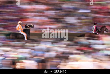 (180816) -- SIENA, 16. August 2018 (Xinhua) -- Jockeys reiten ihre Pferde während des dritten Tages des Pferderennens in Siena, Italien, 15. August 2018. Ein traditionelles Pferderennen, das auf Italienisch als Palio di Siena bekannt ist, findet in der historischen Stadt Siena statt und zieht Zehntausende Zuschauer an. Das Pferderennen in Siena geht auf das Mittelalter zurück und findet jedes Jahr am 2. Juli und 16. August statt. Vor dem letzten Rennen werden drei Tage lang Tests durchgeführt. (Xinhua/Jin Yu) (SP)ITALY-SIENA-PALIO PUBLICATIONxNOTxINxCHN Stockfoto