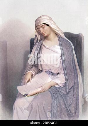 Anne, Ehefrau von Joachim, Mutter der Jungfrau Maria und Großmutter mütterlicherseits von Jesus von Nazareth. Alte eingravierte farbige Illustration aus dem 19. Jahrhundert von Mugeres de la Biblia von Joaquin Roca y Cornet 1862 Stockfoto