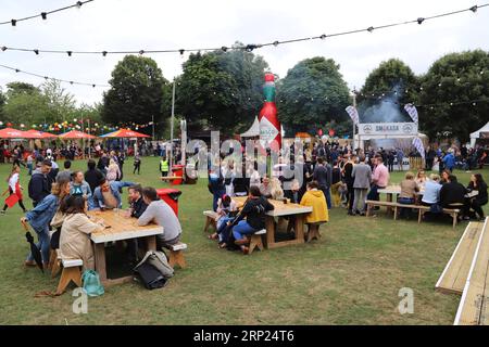 (180818) -- DUBLIN, 18. August 2018 () -- Menschen nehmen am internationalen BBQ-Festival in Dublin, Irland, 17. August 2018 Teil. Am Donnerstag wurde hier ein internationales Grillfestival namens Big Grill eröffnet. Die viertägige Veranstaltung wird voraussichtlich mehr als 20.000 Besucher anziehen. ()(zhf) IRLAND-DUBLIN-INTERNATIONAL BBQ FESTIVAL Xinhua PUBLICATIONxNOTxINxCHN Stockfoto