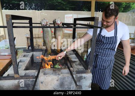 (180818) -- DUBLIN, 18. August 2018 () -- Ein Pitmaster bereitet gegrillten Fisch auf einem internationalen BBQ-Festival in Dublin, Irland, 17. August 2018. Am Donnerstag wurde hier ein internationales Grillfestival namens Big Grill eröffnet. Die viertägige Veranstaltung wird voraussichtlich mehr als 20.000 Besucher anziehen. ()(zhf) IRLAND-DUBLIN-INTERNATIONAL BBQ FESTIVAL Xinhua PUBLICATIONxNOTxINxCHN Stockfoto