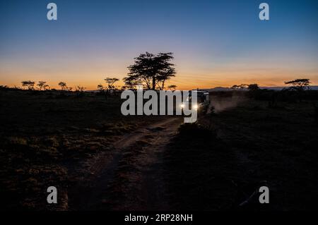 (180824) -- -MAASAI MARA, 24. August 2018 -- der chinesische Wildtierschützer Zhuo Qiang und ein lokaler Direktor machten sich am frühen Morgen auf den Weg, um die Ol Kinyei Conservancy in Maasai Mara, Kenia, am 7. Juli 2018 zu überprüfen. Der Gründer und Vorsitzende des Mara Conservation Fund (MCF), Zhuo Qiang, ein 45-jähriger Chinese, hat im weltberühmten Maasai Mara-Ökosystem Pionierarbeit bei herausragenden Naturschutzprojekten geleistet. Ol Kinyei gehört zu den Konservativen, die von seinen Aktivitäten profitieren. Um ihn herum hat er drei Löwen-Proof-Boas gebaut, die den Wildtierkonflikt mit den benachbarten Gemeinden verhindern. Er war offiziell adop Stockfoto