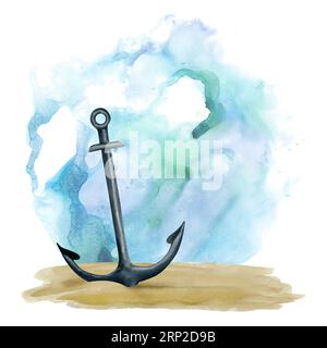 Stahlanker im Meeresboden Sand umgeben von blau grünem Wasserfarbenbild. Schiffswrack-Clipart Stockfoto