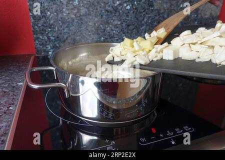 Schwäbische Küche, Zubereitung Petersilienwurzelsuppe, deftige Suppe, salzig, vegetarisch, gesund, Kochtopf, Braten, Gemüse, Kochlöffel, Kocher Stockfoto