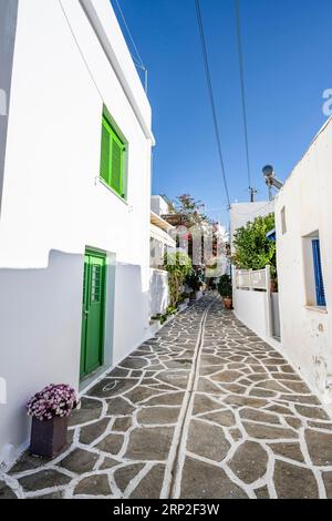 Weiße kykladische Häuser mit bunten Fensterläden und Türen, Gassen des Dorfes Marpissa, Paros, Kykladen, Griechenland Stockfoto