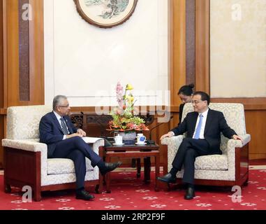 (180902) -- PEKING, 2. September 2018 -- der chinesische Ministerpräsident Li Keqiang trifft sich mit dem mauritischen Premierminister Pravind Jugnauth in Peking, der Hauptstadt Chinas, am 2. September 2018. )(mcg) CHINA-BEIJING-LI KEQIANG-MAURITIAN PM-MEETING (CN) LiuxWeibing PUBLICATIONxNOTxINxCHN Stockfoto