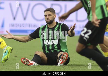 Reggio Emilia, Italien. September 2023. Domenico Berardi von US Sassuolo zeigt während des Spiels US Sassuolo gegen Hellas Verona FC, 3Â° Serie A Tim 2023-24 im Mapei Stadium - Citta del Tricolore in Reggio Emilia (RE), Italien, am 1. September 2023. Quelle: Unabhängige Fotoagentur/Alamy Live News Stockfoto