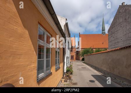 Elsinore Street mit St. Marienkirche - Helsingor, Dänemark Stockfoto