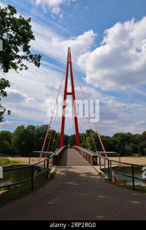 Hängebrücke für Fußgänger über die Alte Elbe in Magdeburg, Sachsen-Anhalt Stockfoto