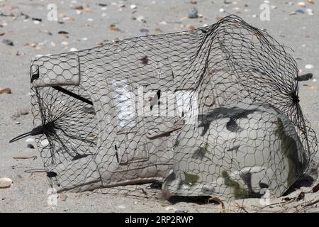 Am Strand angespülte Meeresmüll, menschliche Auswirkungen auf das Meeresökosystem, Minsener Oog, Niedersachsen, Deutschland Stockfoto