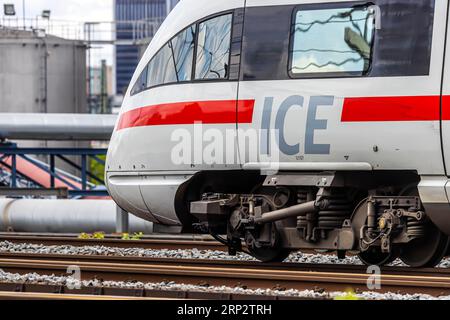 Zugverkehr in Frankfurt am Main, ICE der Deutschen Bahn AG vor der Skyline von Mainhatten, Frankfurt am Main, Hessen, Deutschland Stockfoto