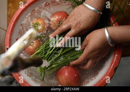 (180913) -- YINCHUAN, 13. September 2018 -- Villager Jin Fenghua wäscht Gemüse im Dorf Hejiakouzi der Gemeinde Hanjiaoshui im Kreis Zhongning, nordwestchinesische Autonome Region Ningxia Hui, 6. September 2018. Im Jahr 2004 löste ein Projekt, das Wasser aus dem Gelben Fluss ablenkte, Hanjiaoshuis Wasserknappheit ab. Viele Wanderarbeiter kehrten in die Heimatstadt zurück. Unter der Leitung der lokalen Regierung pflanzten sie Wassermelonen an und entwickelten den Anbau. Im März 2017 begann Ningxia mit dem Bau eines weiteren Wasserprojekts zur Verbesserung der Wasserversorgung in Hanjiaoshui. )(MCG) CHINA-NINGXIA-HANJIAOSHUI-WATER Stockfoto