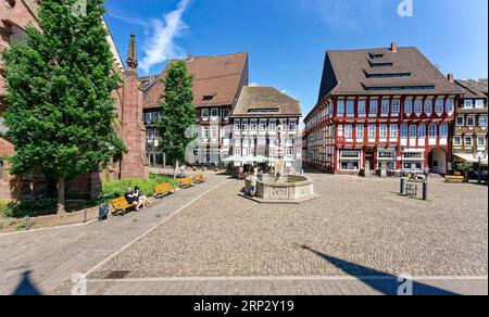 Marktplatz mit Eulenspiegelbrunnen, Brodhaus, Ratten-Apotheke, Fachwerkstadt Einbeck, Landkreis Northeim, Südniedersachsen, Niedersachsen Stockfoto