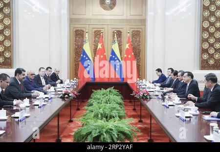 (180914) -- PEKING, 14. September 2018 -- der chinesische Ministerpräsident Li Keqiang trifft sich mit dem venezolanischen Präsidenten Nicolas Maduro in Peking, Hauptstadt Chinas, 14. September 2018. ) (wyl) CHINA-BEIJING-LI KEQIANG-VENEZUELA-MADURO-MEETING (CN) YaoxDawei PUBLICATIONxNOTxINxCHN Stockfoto