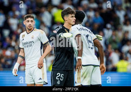 Madrid, Spanien. September 2023. MADRID, SPANIEN - 2. SEPTEMBER: Kepa und Aurelien Tchouameni während des LaLiga EA Sports Match zwischen Real Madrid und Getafe FC im Estadio Santiago Bernabeu am 2. September 2023 in Madrid, Spanien (Credit Image: © Baldesca Samper/DAX via ZUMA Press Wire) NUR REDAKTIONELLER GEBRAUCH! Nicht für kommerzielle ZWECKE! Stockfoto