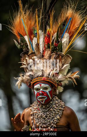 Krieger mit wertvollem Prachtschmuck, im Hochland bei einem Singen des Melpa-Stammes Papua-Neuguinea Stockfoto