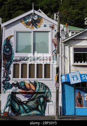 (180916) -- WELLINGTON, 16. September 2018 -- Foto aufgenommen am 23. Mai 2018 zeigt ein Graffiti-Kunstwerk in der Oriental Bay in Wellington, Neuseeland. Wellington wurde im neuesten Lonely Planet Reiseführer als Neuseelands bestes Reiseziel ausgezeichnet, wobei die Stadt als eine der coolsten kleinen Hauptstädte der Welt bezeichnet wurde. ) (hy) NEUSEELAND-WELLINGTON-LONELY PLANET-BEST DESTINATION GuoxLei PUBLICATIONxNOTxINxCHN Stockfoto