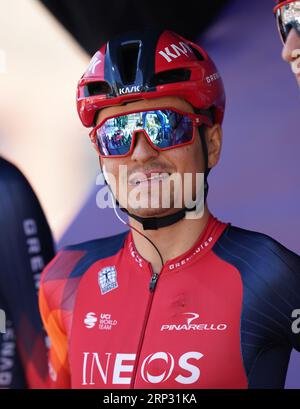 Tom Pidcock von INEOS Grenadiers vor der ersten Etappe der Tour of Britain 2023 von Altrincham nach Manchester. Bilddatum: Sonntag, 3. September 2023. Stockfoto