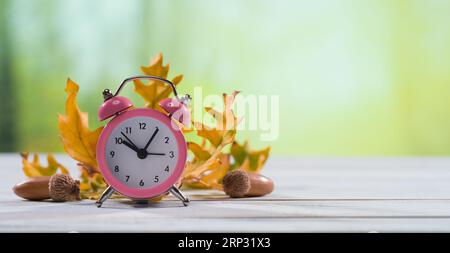 Herbstzeit. Herbstblätter und klassische rosa Uhr auf einem weißen Holztisch. Das Konzept der Zeitfüllung. Das Thema des Jahreszeitenwechsels. Stockfoto