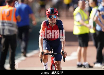 Tom Pidcock von INEOS Grenadiers vor der ersten Etappe der Tour of Britain 2023 von Altrincham nach Manchester. Bilddatum: Sonntag, 3. September 2023. Stockfoto