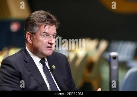 (180917) -- VEREINTEN NATIONEN, 17. September 2018 -- Miroslav Lajcak, Präsident der 72. Tagung der Generalversammlung der Vereinten Nationen, spricht während eines Interviews mit Xinhua im UN-Hauptquartier in New York, 11. September 2018. Der scheidende Präsident der UN-Generalversammlung, Miroslav Lajcak, sagte, er sei vorsichtig optimistisch in Bezug auf den Weltfrieden, warnte aber davor, den Multilateralismus zu untergraben. ) UN-GENERALVERSAMMLUNG-72. SITZUNG-PRÄSIDENT-LAJCAK-INTERVIEW LIXMUZI PUBLICATIONXNOTXINXCHN Stockfoto