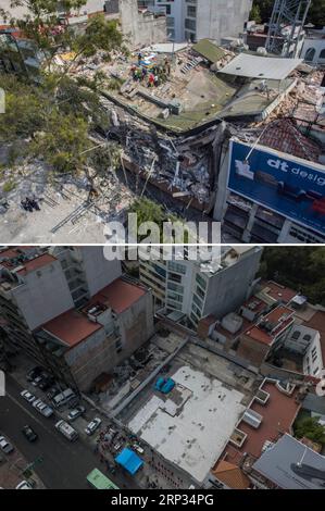 (180920) -- MEXIKO-STADT, 20. September 2018 -- kombinierte Aufnahme mit einer Drohne am 19. September 2017 (Top) zeigt Rettungskräfte, die an der Stelle eines eingestürzten Gebäudes nach einem Erdbeben in der Nummer 286 der Alvaro Obregon-Straße arbeiten, und am 19. September 2018 (unten) zeigt man Menschen, die an einer Hommage während der Gedenkfeier zum ersten Jahrestag des Erdbebens der Stärke 7,1 vom 19. September 2017 in Mexiko-Stadt, der Hauptstadt Mexikos, teilnehmen. Cesar Vicuna) (dtf) MEXIKO-MEXIKO-STADT-GEDENKTAG-ERDBEBEN DAVIDxPEINADO PUBLICATIONxNOTxINxCHN Stockfoto