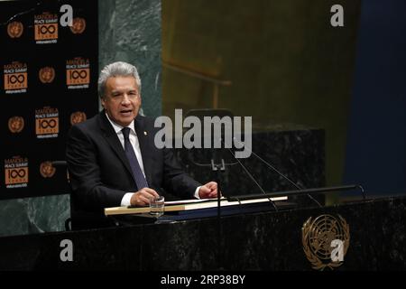 (180924) -- VEREINTEN NATIONEN, 24. September 2018 -- ecuadorianischer Präsident Lenin Moreno spricht über den Nelson Mandela-Friedensgipfel, der während des jährlichen Treffens der Generalversammlung der Vereinten Nationen auf höchster Ebene am 24. September 2018 im Hauptquartier der Vereinten NATIONEN in New York stattfand. UN-Generalsekretär Antonio Guterres sagte am Montag, dass Nelson Mandela die höchsten Werte des Weltkörpers verkörperte, in Erinnerung an den verstorbenen südafrikanischen Führer, der ein Markenzeichen im Kampf gegen die Apartheid war. UN-GENERALVERSAMMLUNG - NELSON MANDELA FRIEDENSGIPFEL LIXMUZI PUBLICATIONXNOTXINXCHN Stockfoto