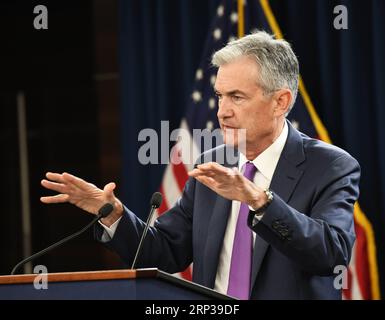 (180926) -- WASHINGTON, 26. September 2018 -- der Vorsitzende der US-Notenbank Jerome Powell spricht während einer Pressekonferenz in Washington D.C., USA, am 26. September 2018. Die US-Notenbank Federal Reserve hat am Mittwoch die kurzfristigen Zinssätze um einen Viertel Prozentpunkt angehoben, ihre dritte Zinserhöhung in diesem Jahr und die achte derartige Bewegung seit Ende 2015. ) US-WASHINGTON D.C.-FEDERAL RESERVE-ZINSANHEBUNG LIUXJIE PUBLICATIONXNOTXINXCHN Stockfoto