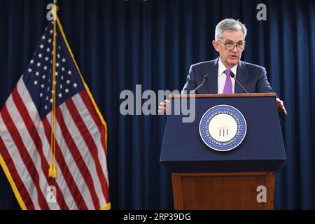 (180926) -- WASHINGTON, 26. September 2018 -- der Vorsitzende der US-Notenbank Jerome Powell spricht während einer Pressekonferenz in Washington D.C., USA, am 26. September 2018. Die US-Notenbank Federal Reserve hat am Mittwoch die kurzfristigen Zinssätze um einen Viertel Prozentpunkt angehoben, ihre dritte Zinserhöhung in diesem Jahr und die achte derartige Bewegung seit Ende 2015. ) US-WASHINGTON D.C.-FEDERAL RESERVE-ZINSANHEBUNG LIUXJIE PUBLICATIONXNOTXINXCHN Stockfoto