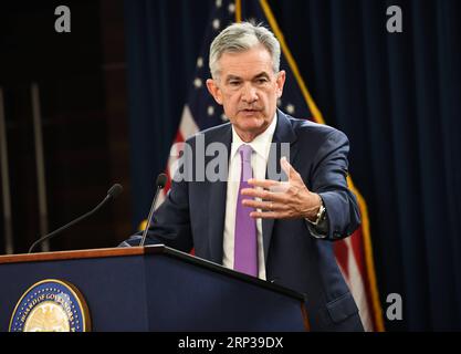 (180926) -- WASHINGTON, 26. September 2018 -- der Vorsitzende der US-Notenbank Jerome Powell spricht während einer Pressekonferenz in Washington D.C., USA, am 26. September 2018. Die US-Notenbank Federal Reserve hat am Mittwoch die kurzfristigen Zinssätze um einen Viertel Prozentpunkt angehoben, ihre dritte Zinserhöhung in diesem Jahr und die achte derartige Bewegung seit Ende 2015. ) US-WASHINGTON D.C.-FEDERAL RESERVE-ZINSANHEBUNG LIUXJIE PUBLICATIONXNOTXINXCHN Stockfoto