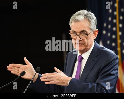 (180926) -- WASHINGTON, 26. September 2018 -- der Vorsitzende der US-Notenbank Jerome Powell spricht während einer Pressekonferenz in Washington D.C., USA, am 26. September 2018. Die US-Notenbank Federal Reserve hat am Mittwoch die kurzfristigen Zinssätze um einen Viertel Prozentpunkt angehoben, ihre dritte Zinserhöhung in diesem Jahr und die achte derartige Bewegung seit Ende 2015. ) US-WASHINGTON D.C.-FEDERAL RESERVE-ZINSANHEBUNG LIUXJIE PUBLICATIONXNOTXINXCHN Stockfoto