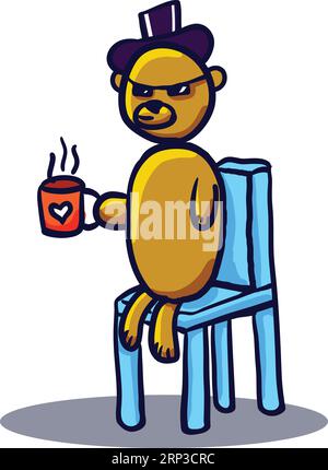 Zeichentrickbär mit Hut und Tasse in der Hand. Vektor Stock Vektor
