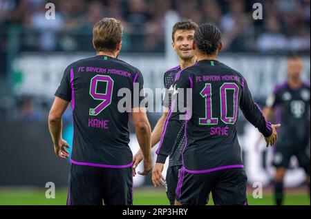 Mönchengladbach, Deutschland. September 2023. Harry Kane (Muenchen), Thomas Müller (Muenchen), Leroy Sane (Muenchen) Borussia Mönchengladbach - Bayern Stockfoto