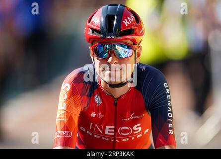 Tom Pidcock von INEOS Grenadiers vor der ersten Etappe der Tour of Britain 2023 von Altrincham nach Manchester. Bilddatum: Sonntag, 3. September 2023. Stockfoto